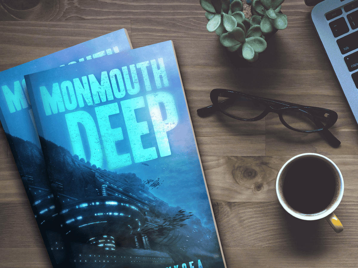 Mockup of the forthcoming sci-fi thriller Monmouth Deep, on a desk next to a mug of coffee.